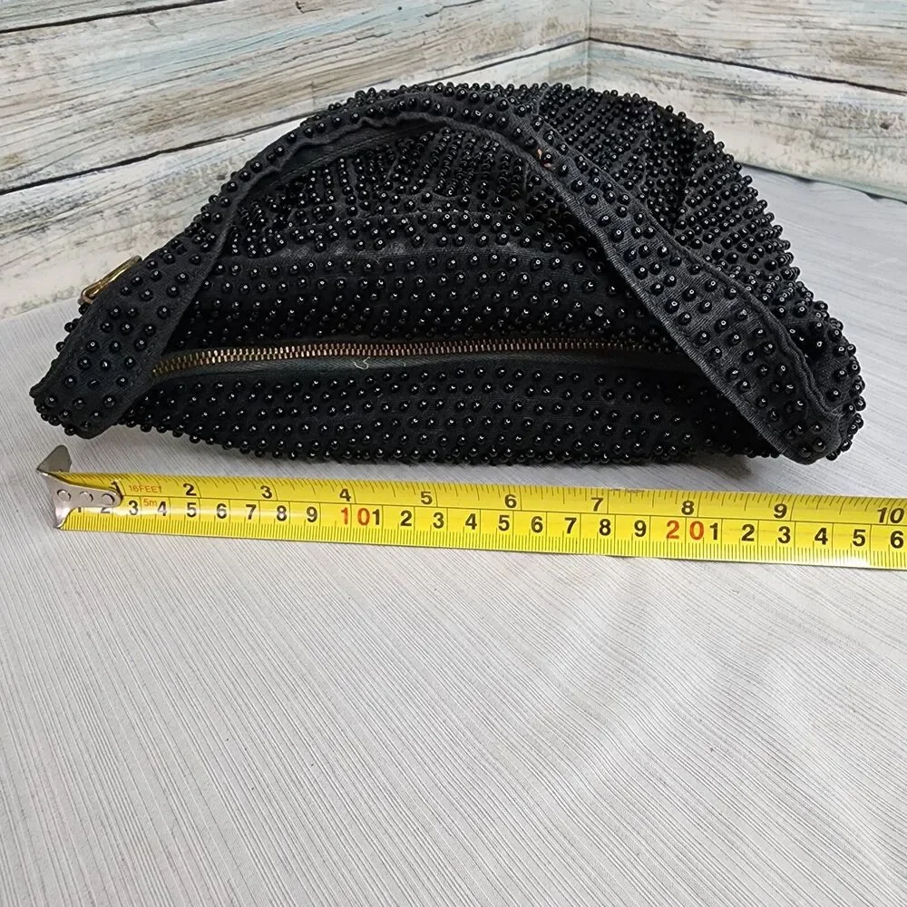 Vintage Plastic Beaded Bag Pleated Satchel Crescent Black Zippered Closure
